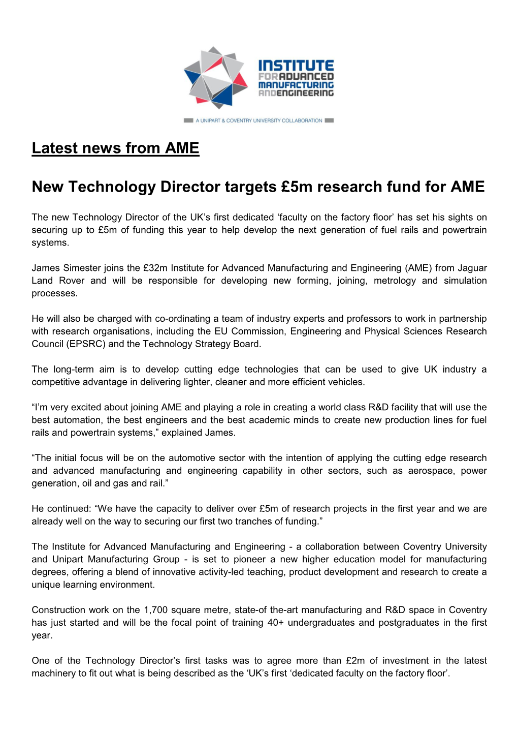 Latest News from AME New Technology Director Targets £5M