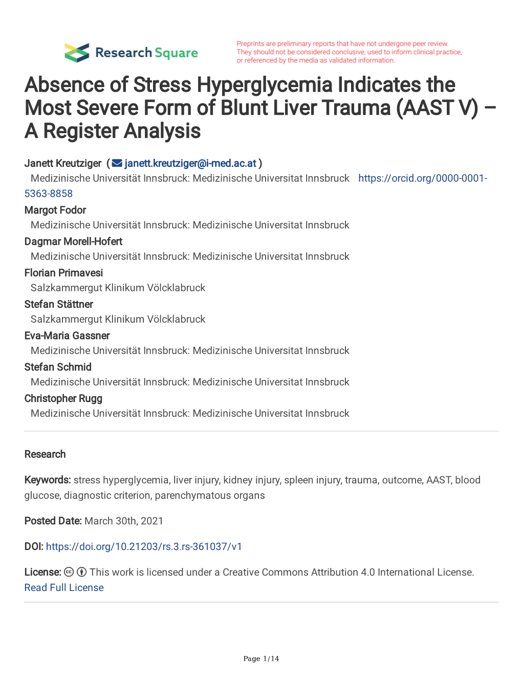 Absence of Stress Hyperglycemia Indicates the Most Severe Form of Blunt Liver Trauma (AAST V) – a Register Analysis