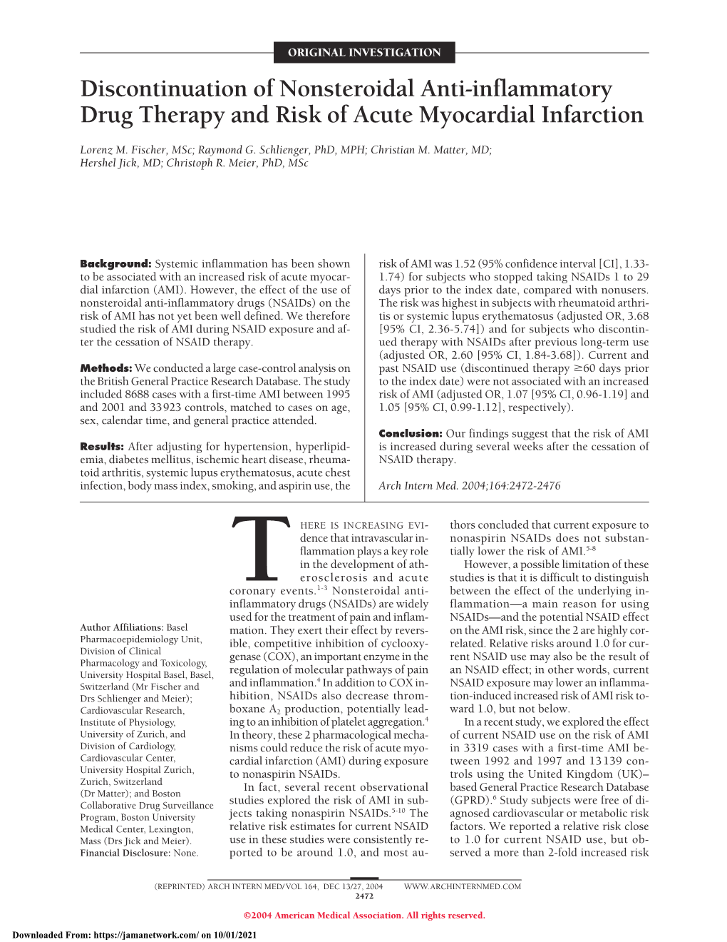 Discontinuation of Nonsteroidal Anti-Inflammatory Drug Therapy and Risk of Acute Myocardial Infarction
