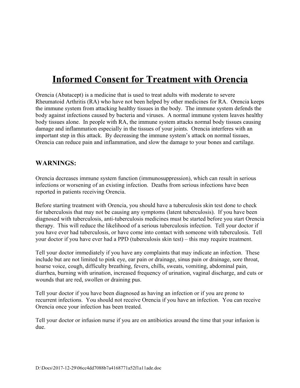 Informed Consent for Treatment with Remicade