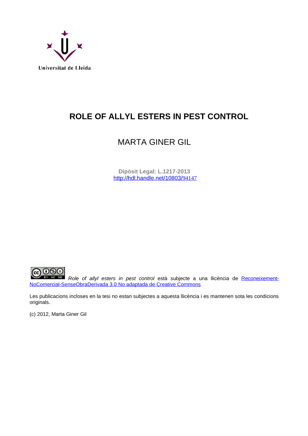 Role of Allyl Esters in Pest Control Marta Giner