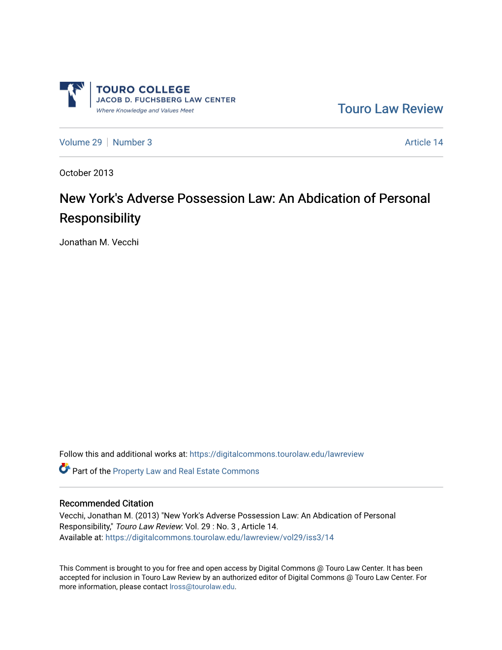New York's Adverse Possession Law: an Abdication of Personal Responsibility