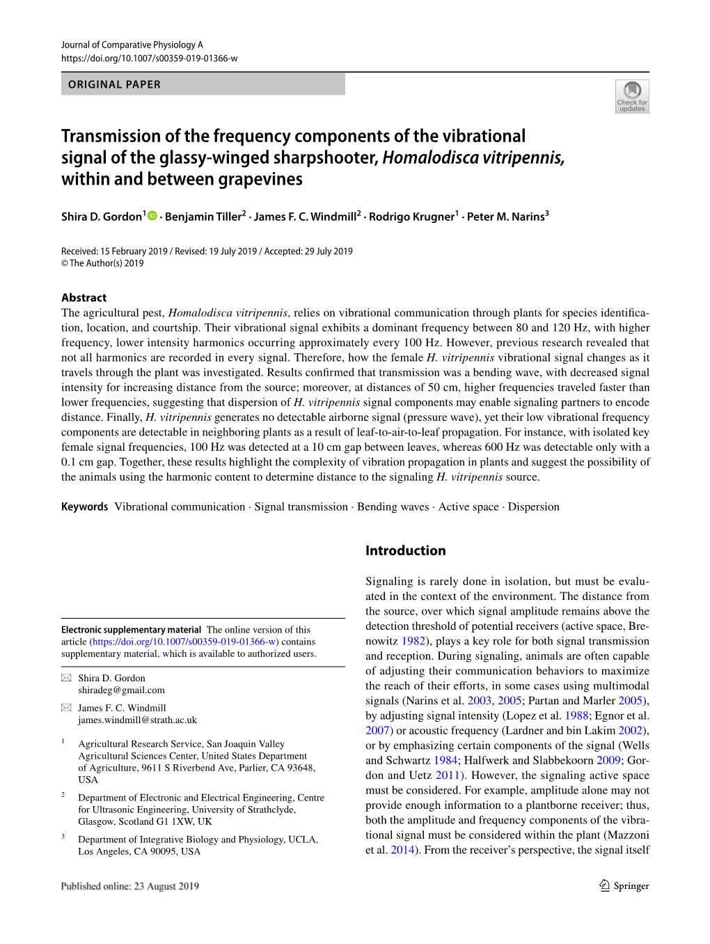 Transmission of the Frequency Components of the Vibrational Signal of the Glassy‑Winged Sharpshooter, Homalodisca Vitripennis, Within and Between Grapevines