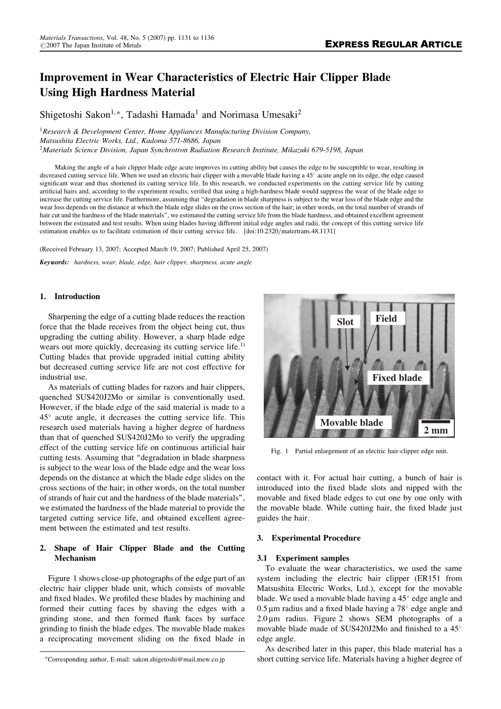 Improvement in Wear Characteristics of Electric Hair Clipper Blade Using High Hardness Material