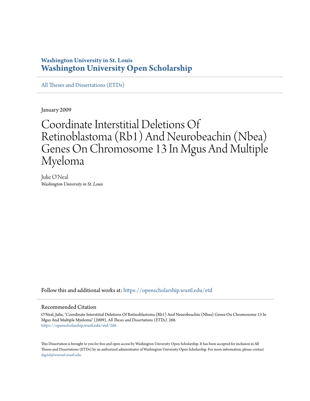 Rb1) and Neurobeachin (Nbea) Genes on Chromosome 13 in Mgus and Multiple Myeloma Julie O'neal Washington University in St