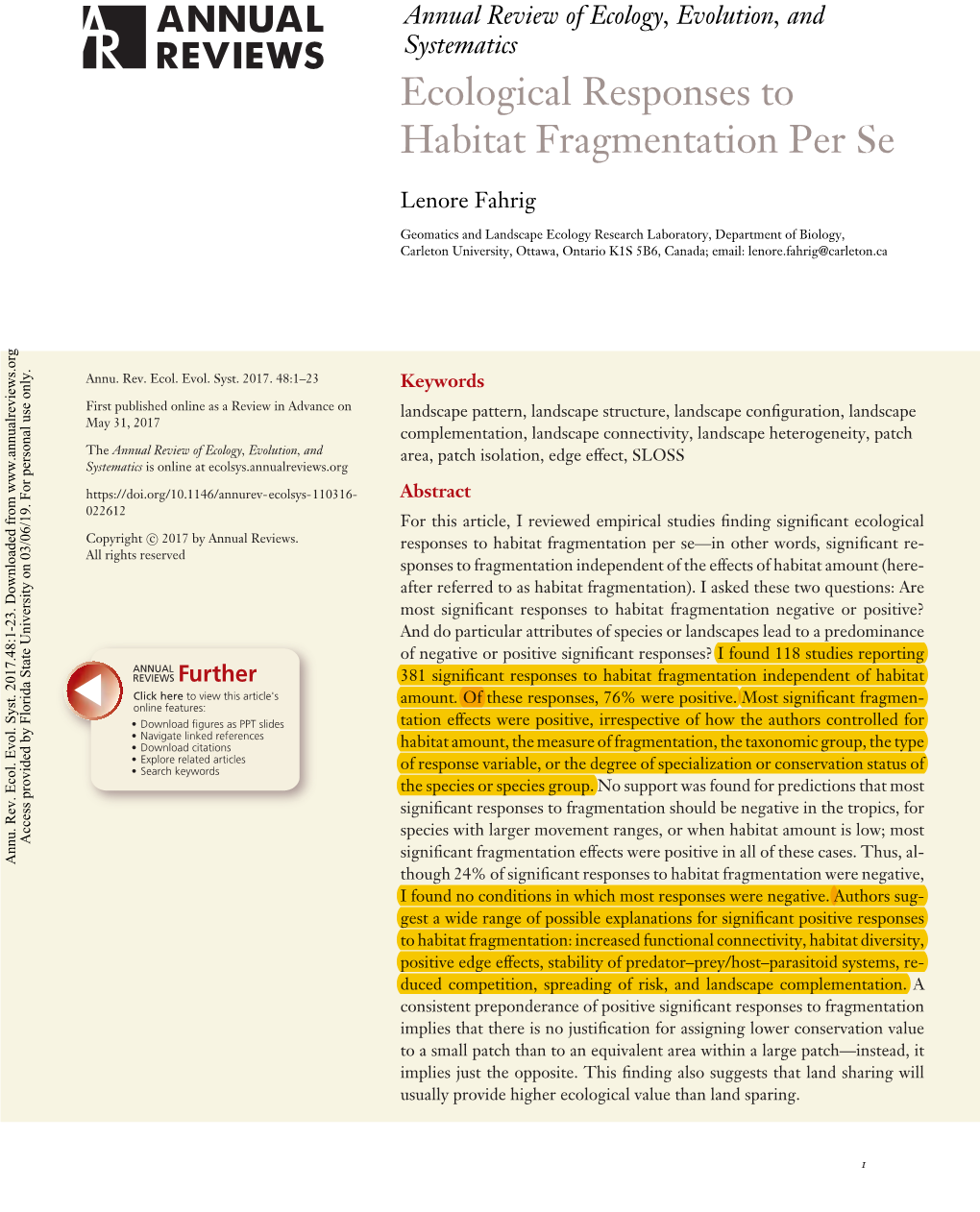 Ecological Responses to Habitat Fragmentation Per Se