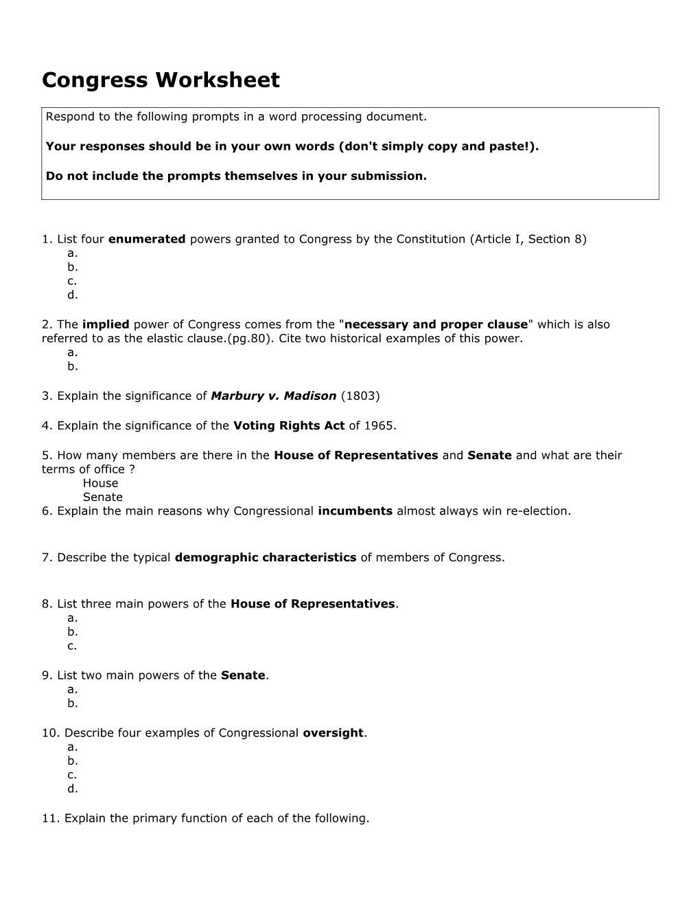 Congress Worksheet