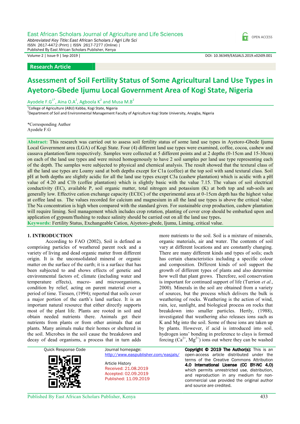 Assessment of Soil Fertility Status of Some Agricultural Land Use Types in Ayetoro-Gbede Ijumu Local Government Area of Kogi State, Nigeria