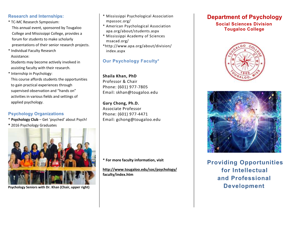 Department of Psychology Providing Opportunities for Intellectual And