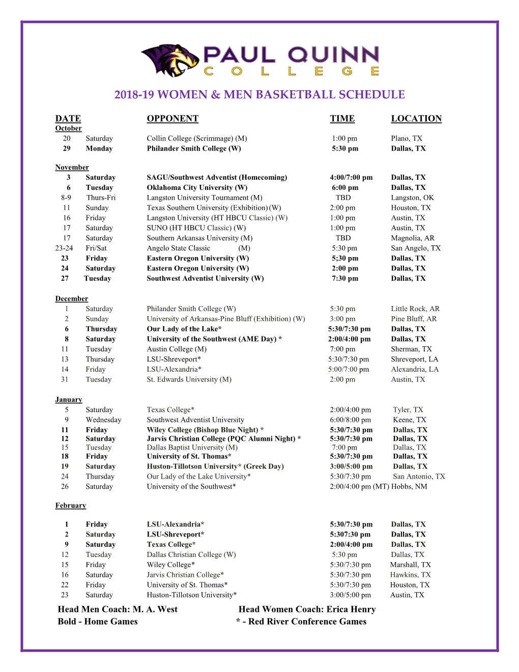 2018-19 Women & Men Basketball Schedule