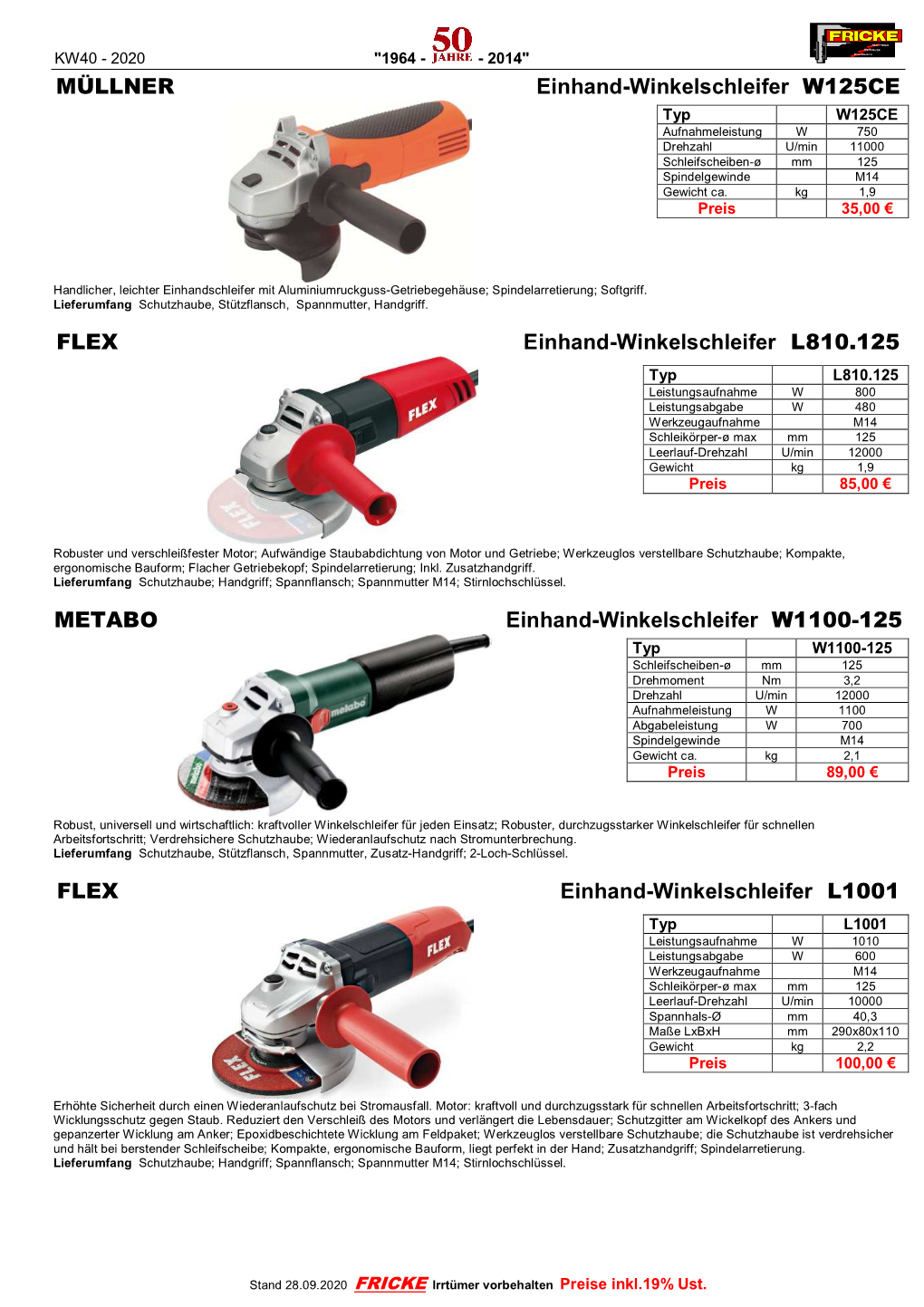 MÜLLNER Einhand-Winkelschleifer W125CE Typ W125CE Aufnahmeleistung W 750 Drehzahl U/Min 11000 Schleifscheiben-Ø Mm 125 Spindelgewinde M14 Gewicht Ca