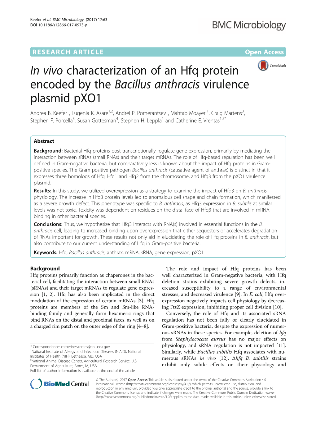 In Vivo Characterization of an Hfq Protein Encoded by the Bacillus Anthracis Virulence Plasmid Pxo1 Andrea B