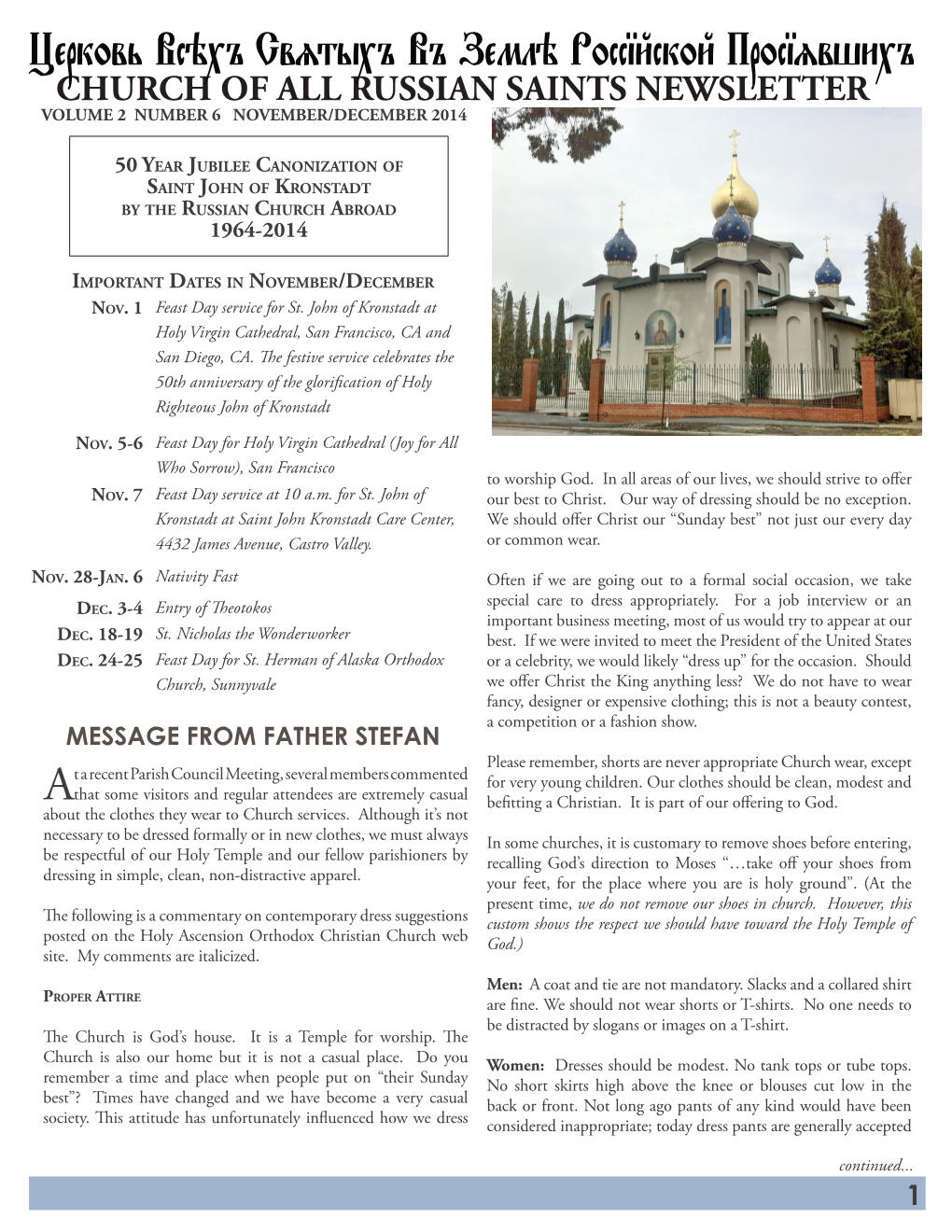 Church of All Russian Saints Newsletter Volume 2 Number 6 November/December 2014