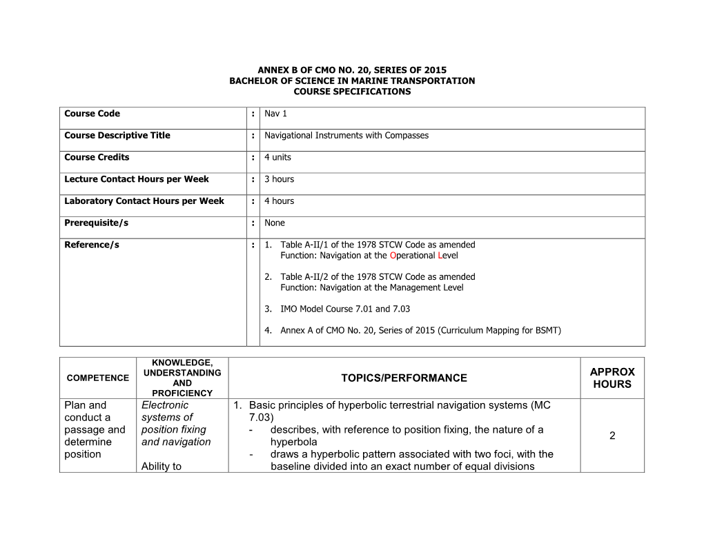 BSMT Course Specifications for Navigational Instruments with Compasses