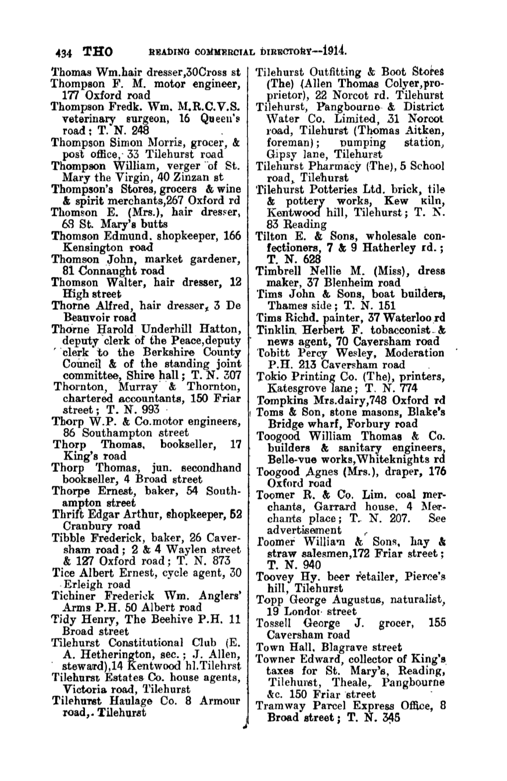 O434 THO 'Fhoma.S Wm.Ha.Ir Dresser,30Cross St 'Rilehurst Outfitting & Boot Storea Thompson FM Motor Engineer