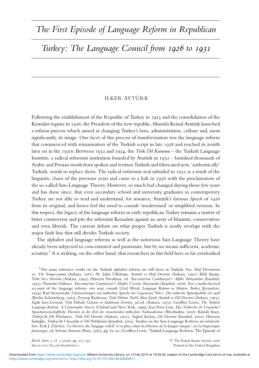 The First Episode of Language Reform in Republican Turkey: the Language Council from 1926 to 1931