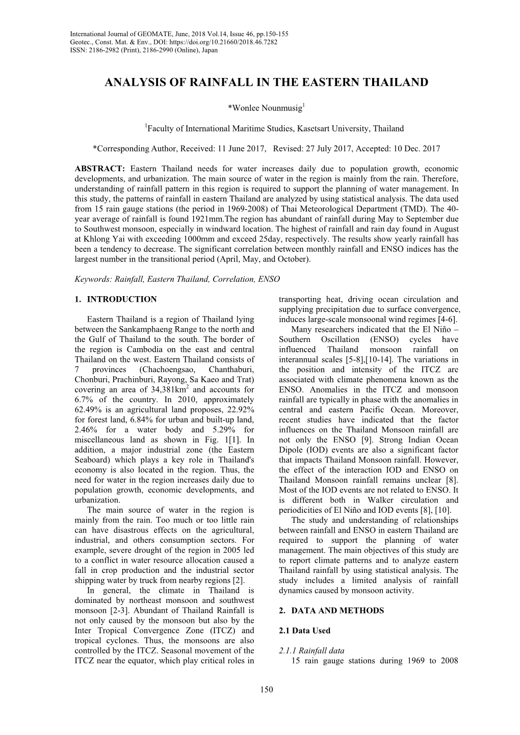 Analysis of Rainfall in the Eastern Thailand