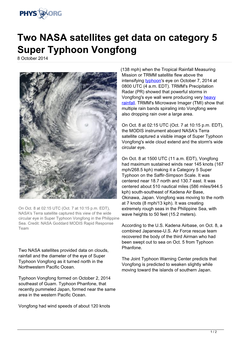 Two NASA Satellites Get Data on Category 5 Super Typhoon Vongfong 8 October 2014