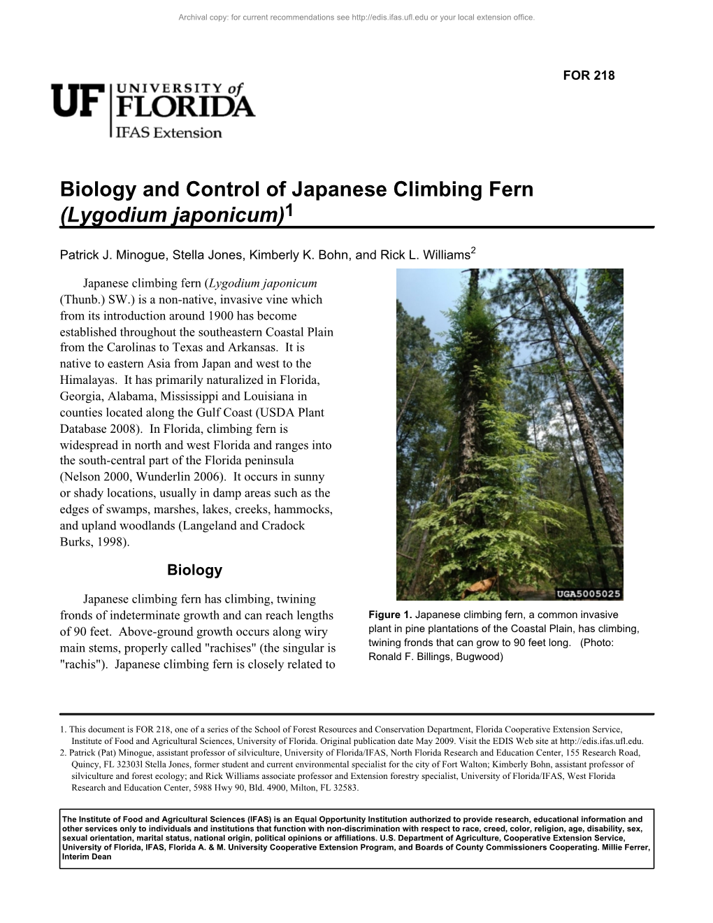 Biology and Control of Japanese Climbing Fern (Lygodium Japonicum)1