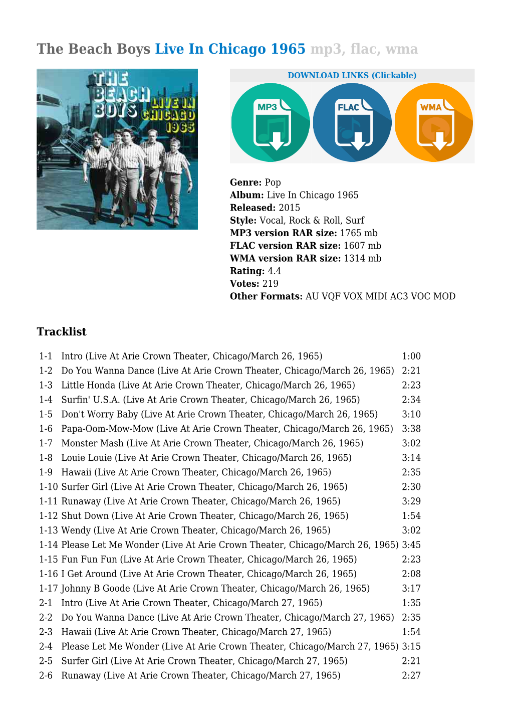 The Beach Boys Live in Chicago 1965 Mp3, Flac, Wma