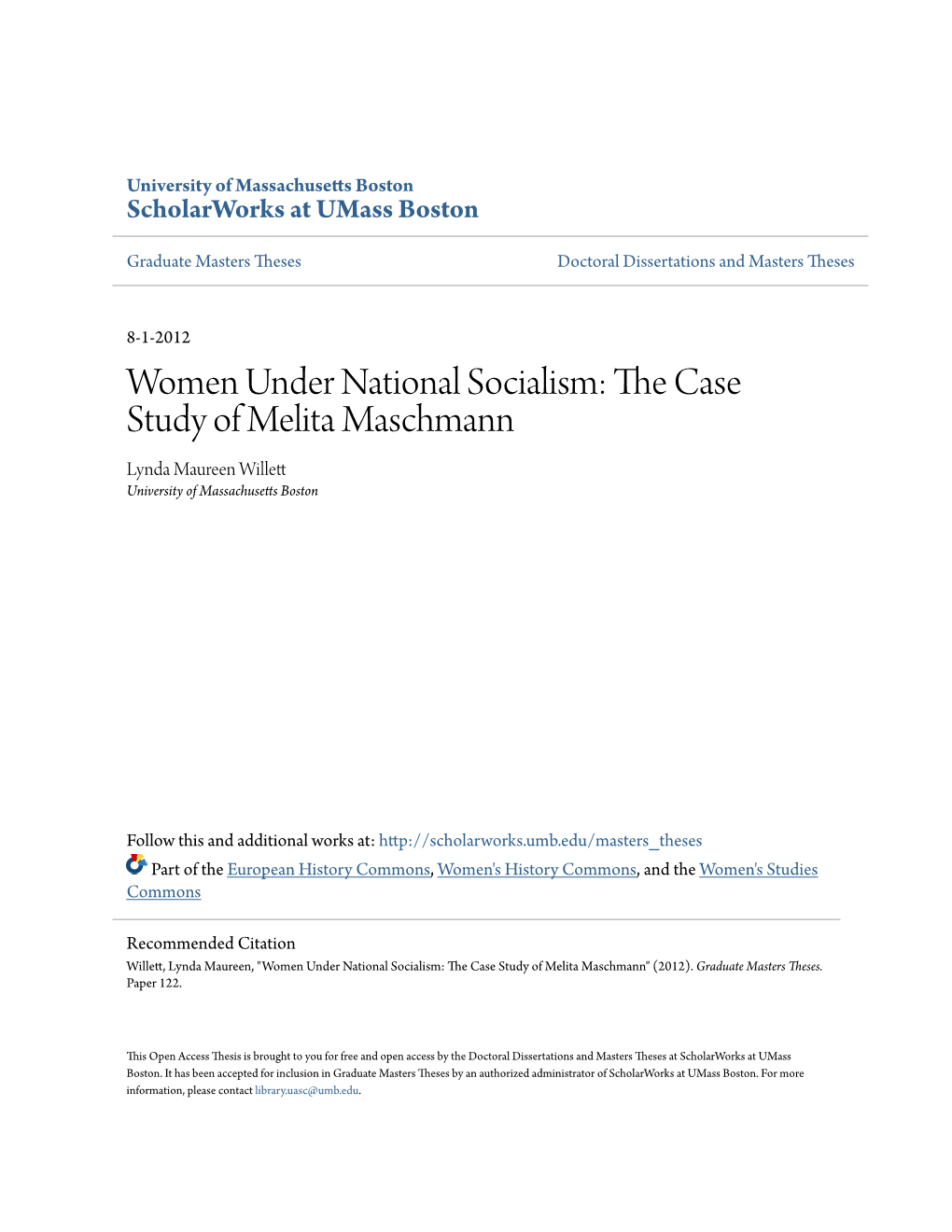 Women Under National Socialism: the Case Study of Melita Maschmann