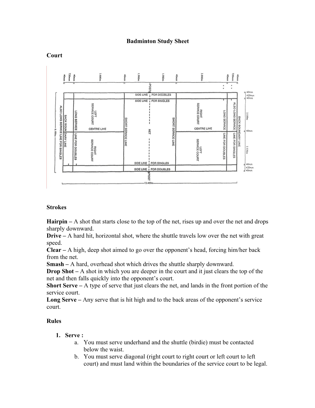 Badminton Study Sheet