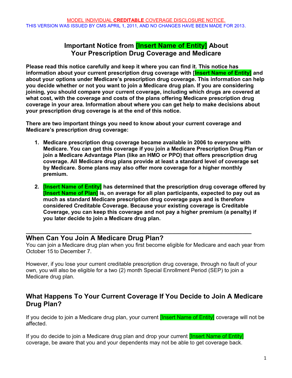 Model Individual Creditable Coverage Disclosure Notice Language Omb 0938-0990