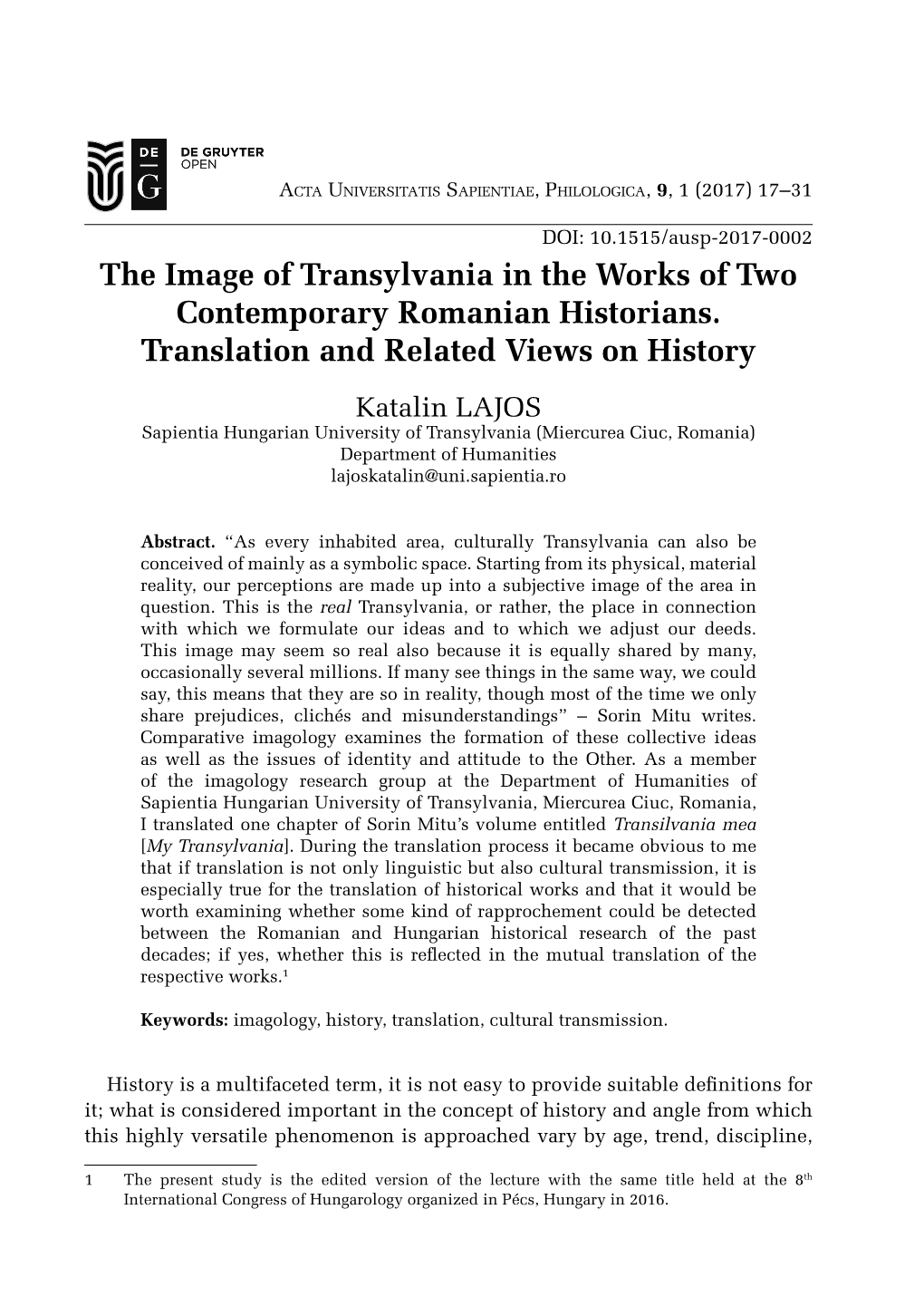 The Image of Transylvania in the Works of Two Contemporary Romanian Historians. Translation and Related Views on History