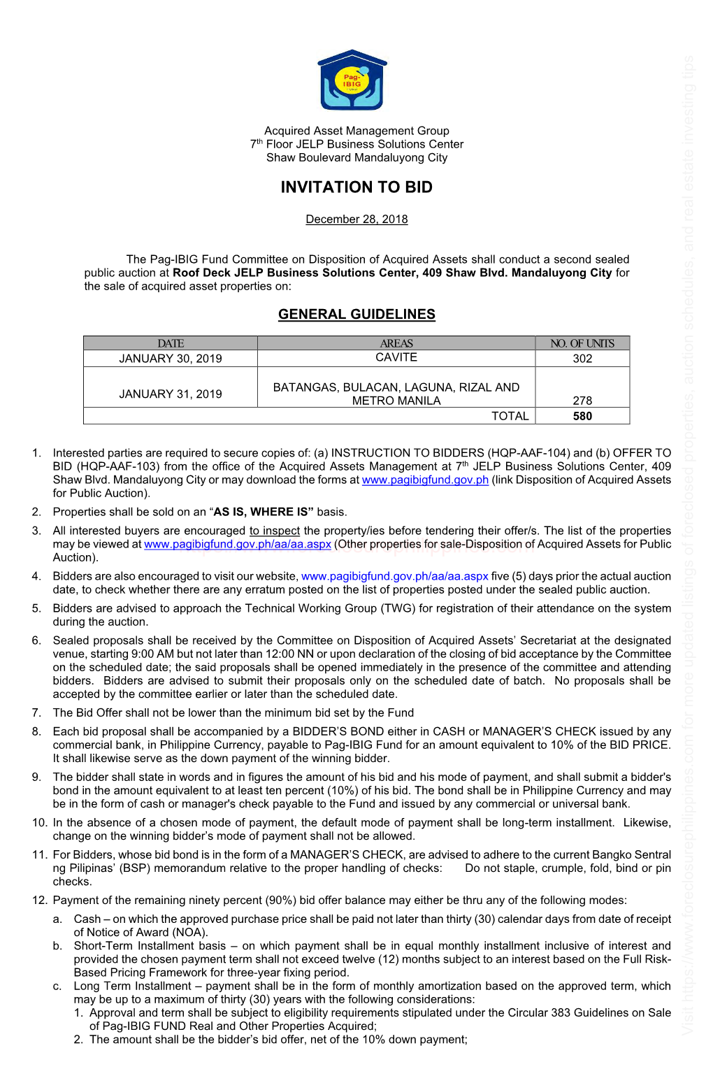 Other Properties for Sale-Disposition of Acquired Assets for Public Auction