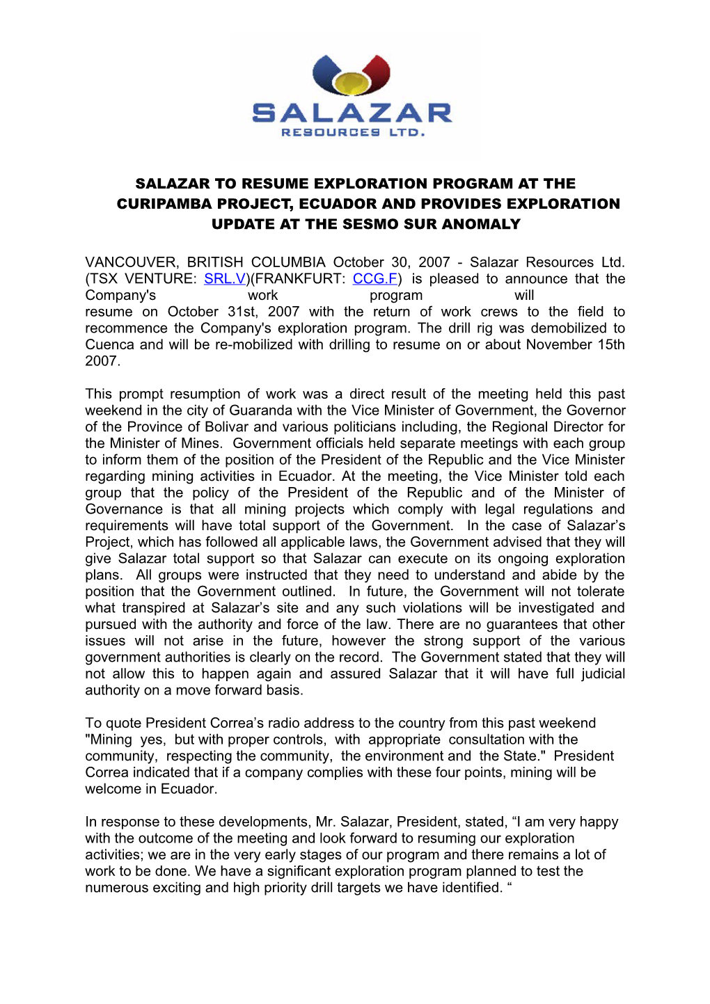 Salazar to Resume Exploration Program at the Curipamba Project, Ecuador and Provides Exploration