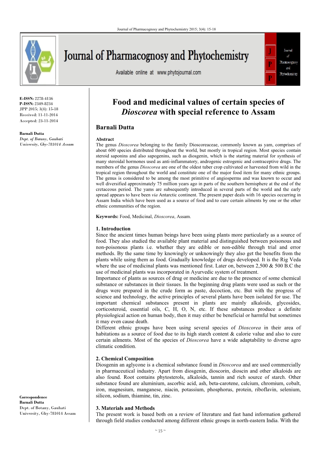 Food and Medicinal Values of Certain Species of Dioscorea with Special