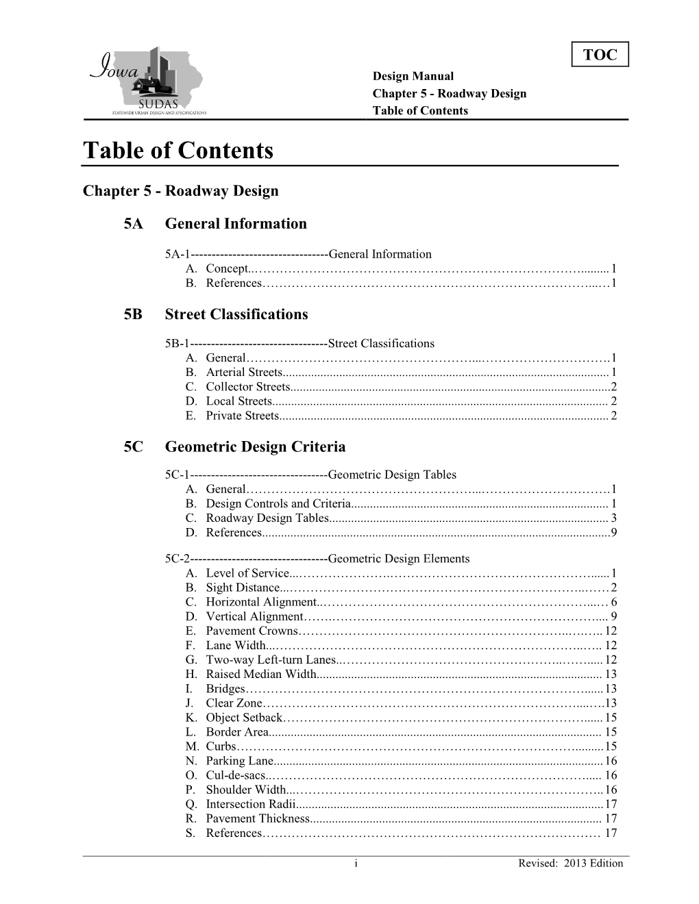 Chapter 5 - Roadway Design Table of Contents