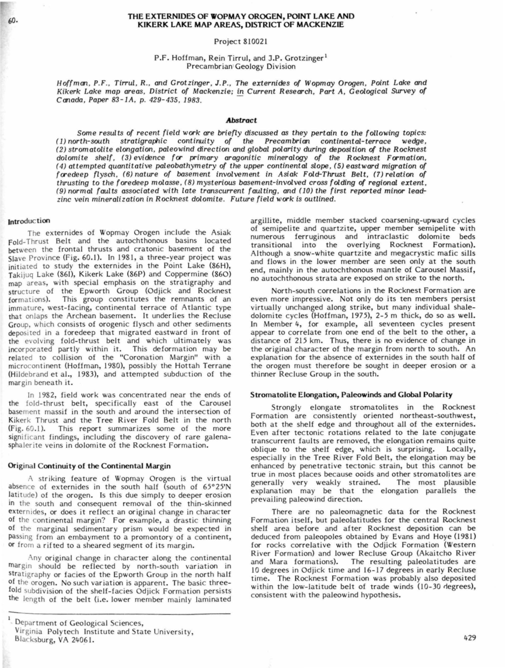 The Externides of Wopma Y Orogen, Point Lake and 60- Kikerk Lake Map Areas, District of Mackenzie