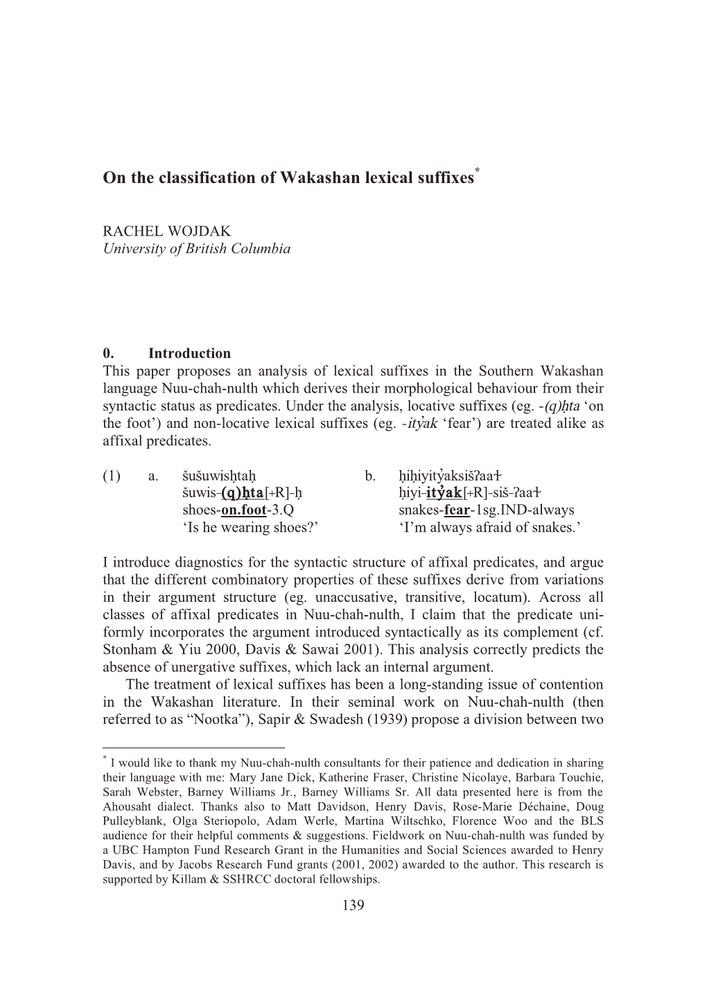 On the Classification of Wakashan Lexical Suffixes*