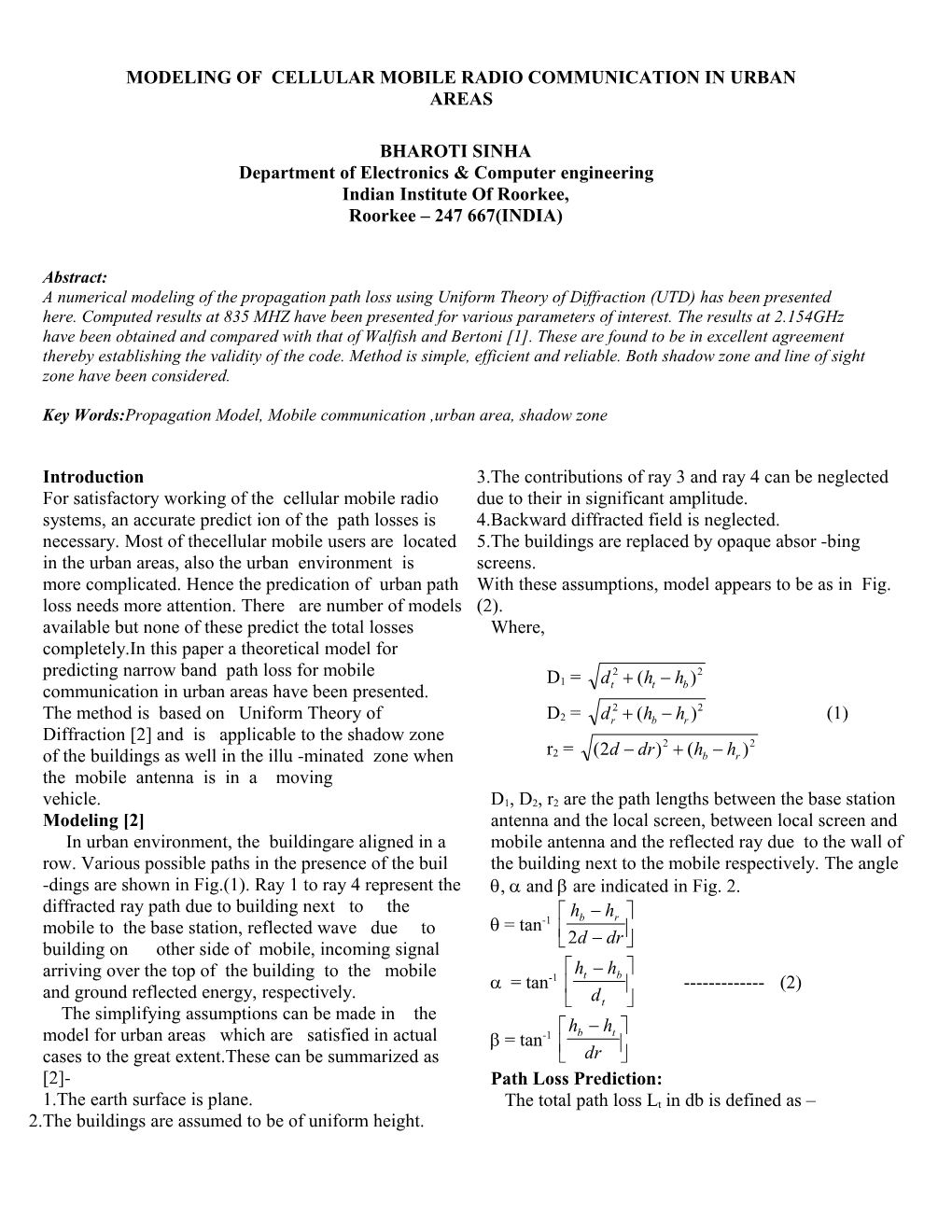 A Propagation Model of Cellular Mobile Radio Communication in Urban Areas