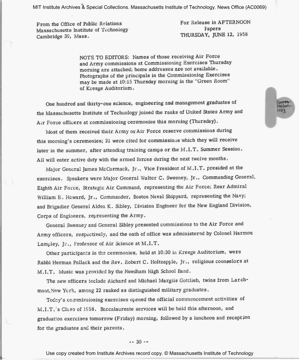 From the Office of Public Relations for Release in AFTERNOON Massachusetts Institute of Rechnology Papers Cambridge 39, Mass