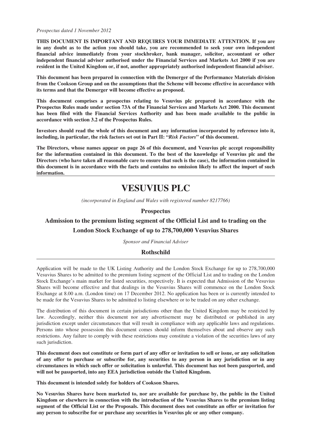 Vesuvius Plc Prepared in Accordance with the Prospectus Rules Made Under Section 73A of the Financial Services and Markets Act 2000