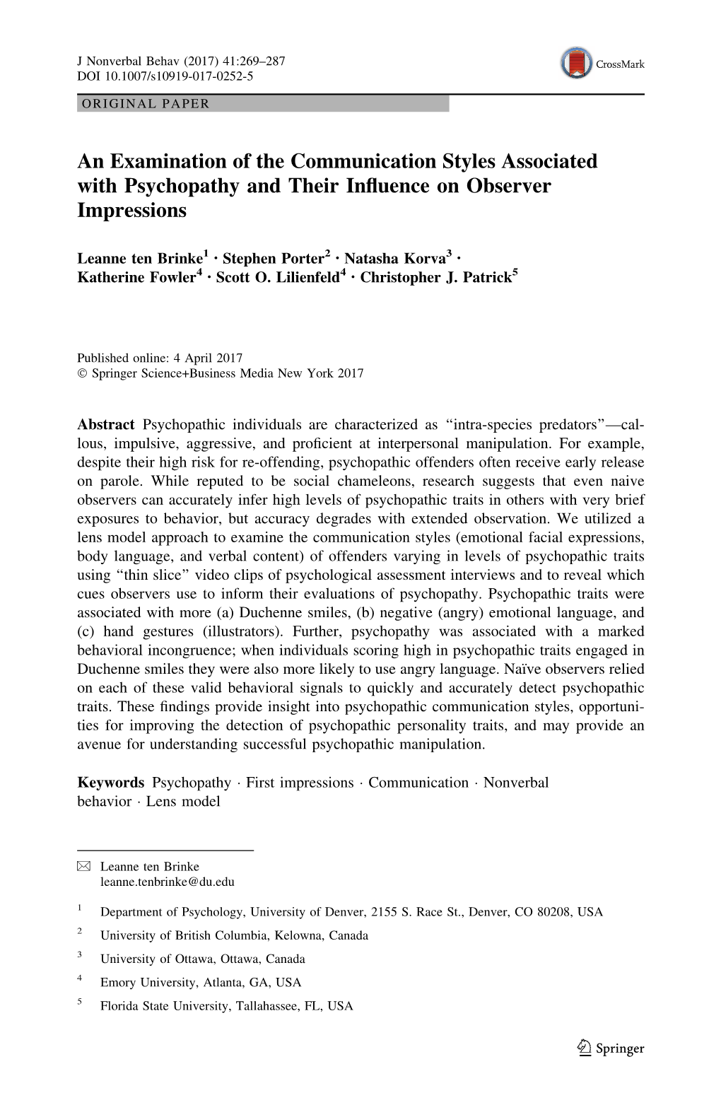 An Examination of the Communication Styles Associated with Psychopathy and Their Inﬂuence on Observer Impressions