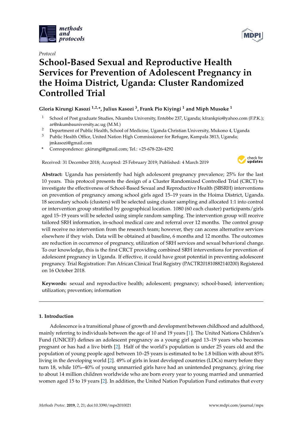 School-Based Sexual and Reproductive Health Services for Prevention of Adolescent Pregnancy in the Hoima District, Uganda: Cluster Randomized Controlled Trial