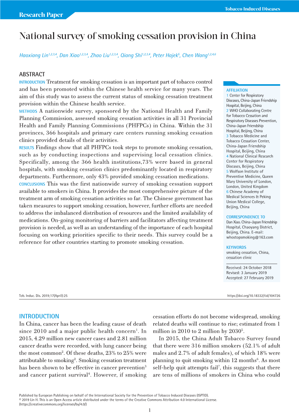 National Survey of Smoking Cessation Provision in China