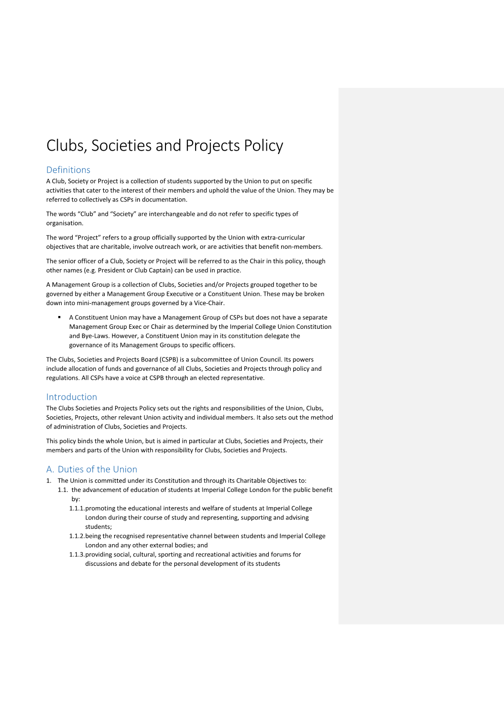 Clubs, Societies and Projects Policy