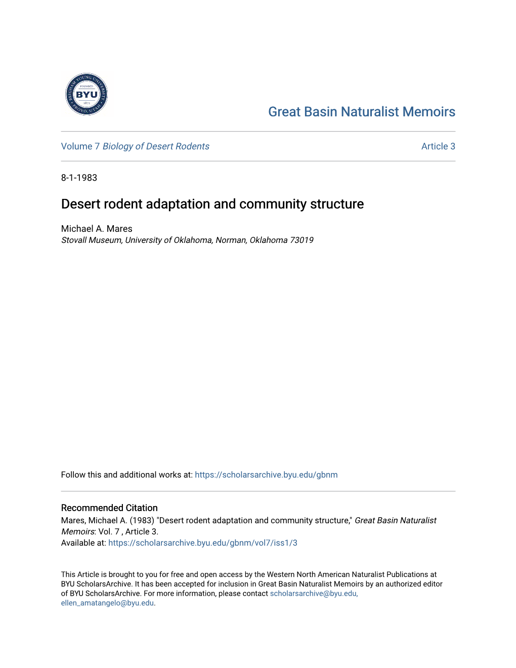 Desert Rodent Adaptation and Community Structure