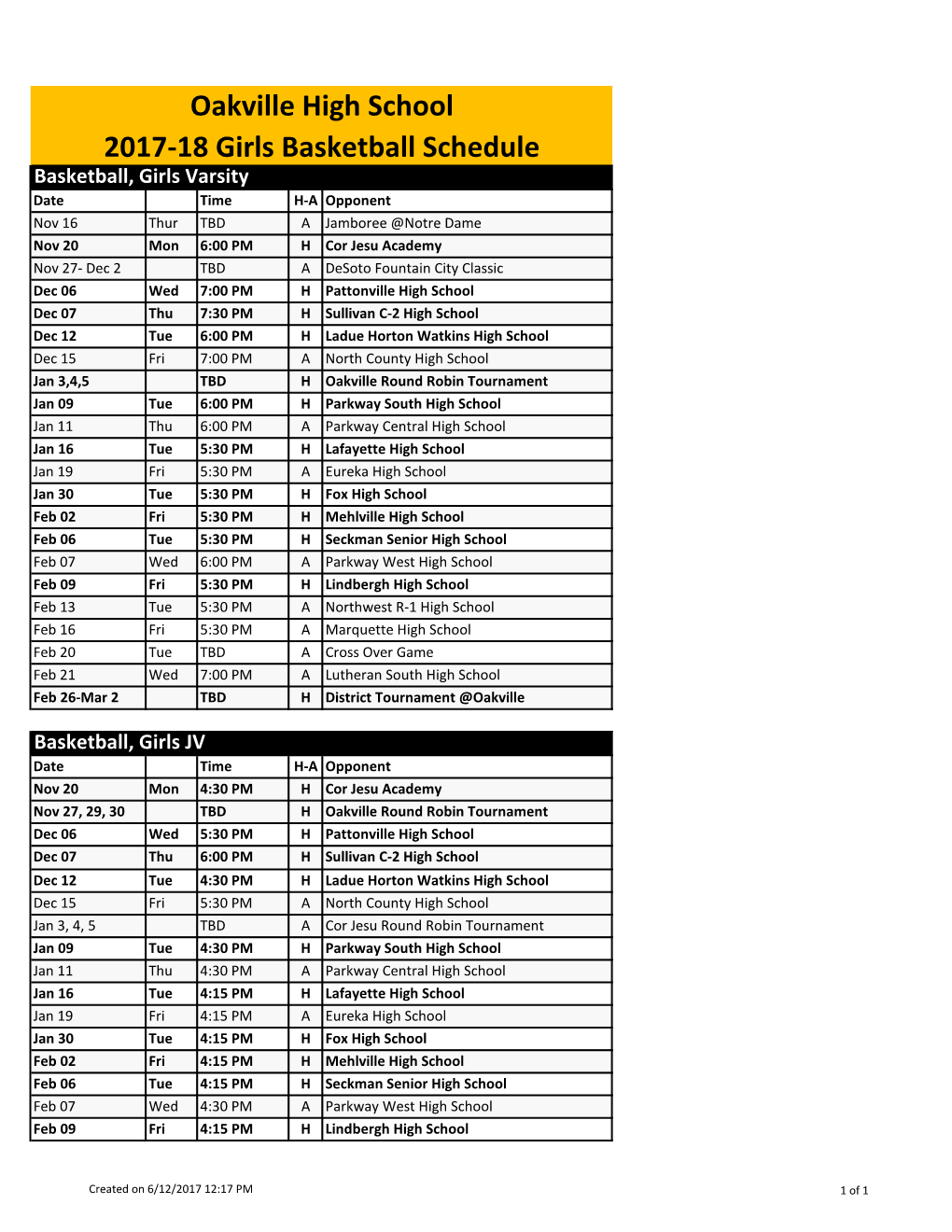 Oakville High School 2017-18 Girls Basketball Schedule