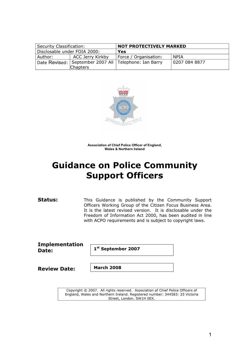 ACPO Guidance on Police Community Support Officers (Pcsos)