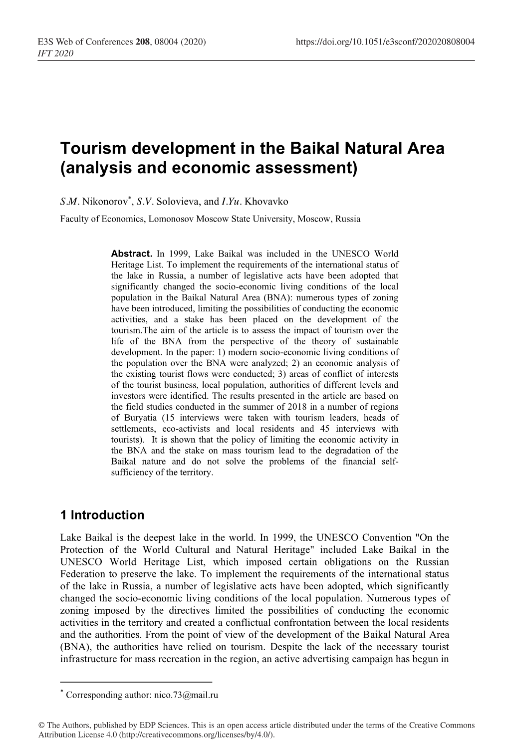 Tourism Development in the Baikal Natural Area (Analysis and Economic Assessment)