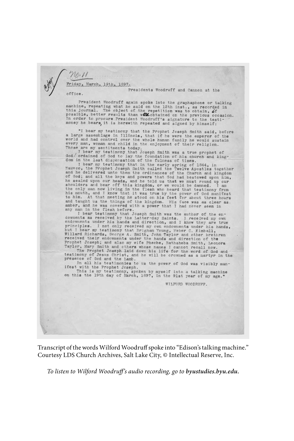 Transcript of the Words Wilford Woodruff Spoke Into “Edison’S Talking Machine.” Courtesy LDS Church Archives, Salt Lake City, © Intellectual Reserve, Inc