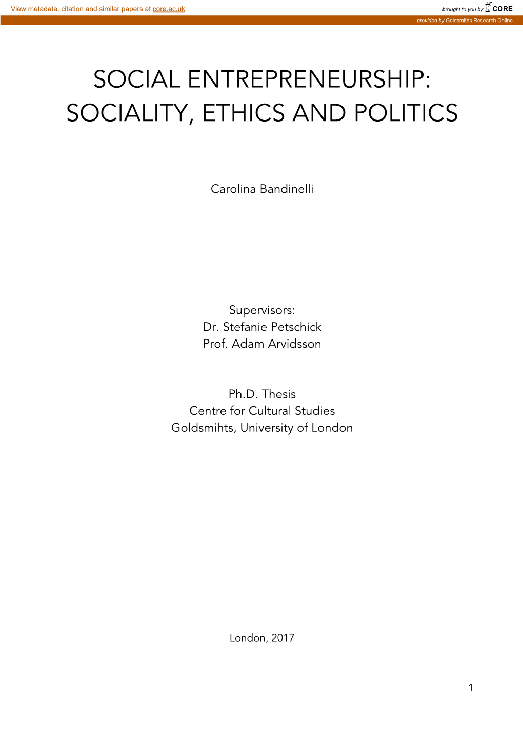 Social Entrepreneurship: Sociality, Ethics and Politics