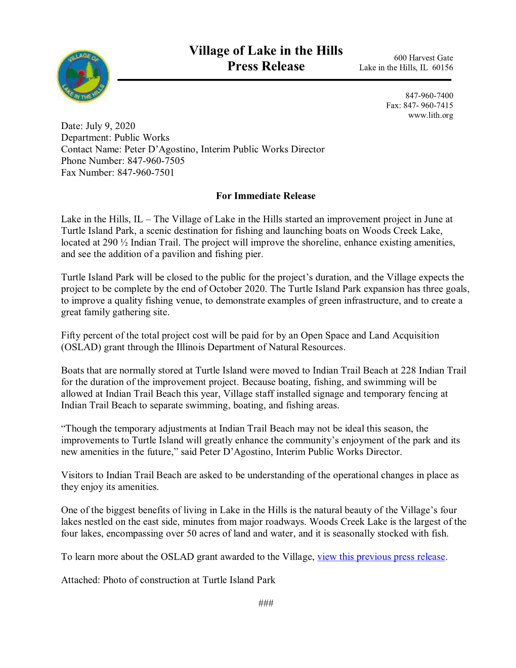 Village of Lake in the Hills Press Release