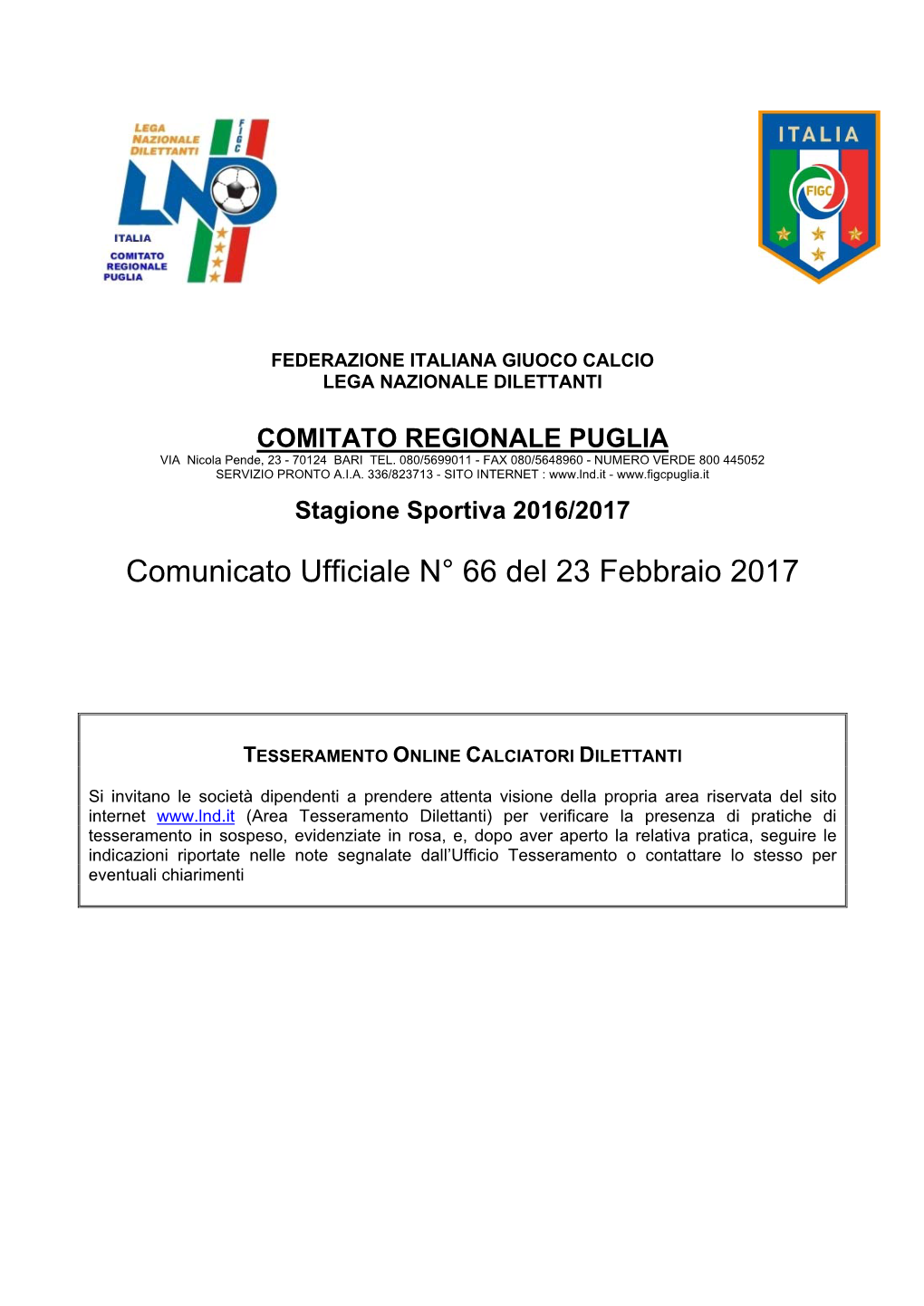 Comunicato Ufficiale N° 66 Del 23 Febbraio 2017