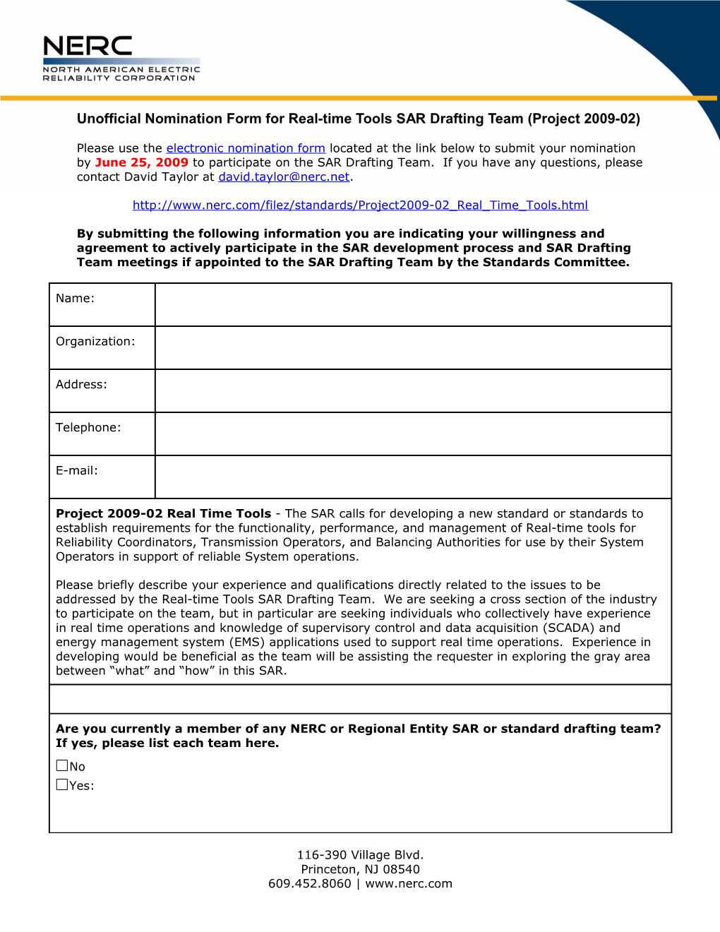 Drafting Team Nomination Form Project 2009-02 - Real-Time Tools